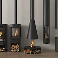 Modern Black Fireplace Designs With Glass Doors Conical Shapes And Wood Logs