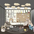 Cozy Kids Room Interior With Cloud Shaped Lights Bookshelves Teepee And Stuffed Toys