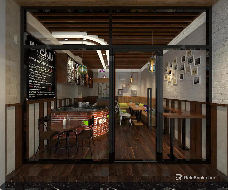 Modern Bubble Tea Shop Interior With Wooden Tables Chairs Blackboard Menu And Decorative 3d model 