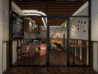 Modern Bubble Tea Shop Interior With Wooden Tables Chairs Blackboard Menu And Decorative 3d model