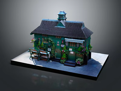 Charming Small Cottage Featuring Green Facade Black Roof Clock Tower Flowers And Bench 3d model