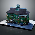 Charming Small Cottage Featuring Green Facade Black Roof Clock Tower Flowers And Bench