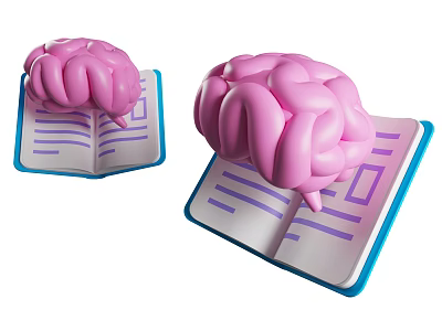 Pink Brain Models Placed On Open Books With Blue Edges And Purple Lines 3d model