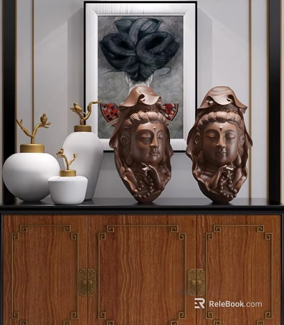 Decorative Ornament Set With Brown Head Sculptures White Vases And Golden Accents On Wooden Cabinet 3d model 