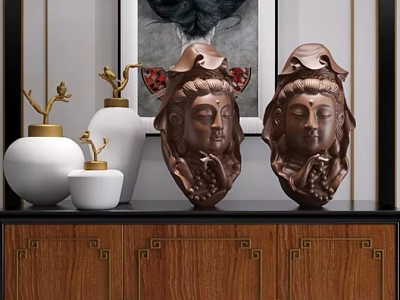 Decorative Ornament Set With Brown Head Sculptures White Vases And Golden Accents On Wooden Cabinet 3d model
