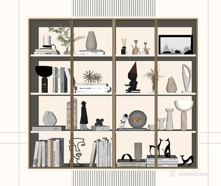 Artistic Decorative Cabinet Display Featuring Books Sculptures Vases Plants And Picture Frame 3d model 