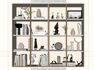 Artistic Decorative Cabinet Display Featuring Books Sculptures Vases Plants And Picture Frame 3d model