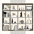 Artistic Decorative Cabinet Display Featuring Books Sculptures Vases Plants And Picture Frame