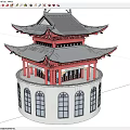 Ancient Architecture Featuring Multi Layered Roof Red Pillars And Circular Base Arched Windows 3d model