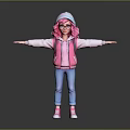 Cartoon Girl With Pink Hair Glasses Hoodie Vest Blue Jeans And Outstretched Arms