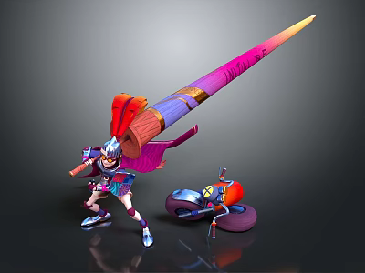 Colorful Armored Game Character With Giant Brush Weapon And Small Companion Robot 3d model
