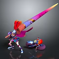 Colorful Armored Game Character With Giant Brush Weapon And Small Companion Robot
