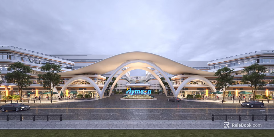 Hymson Modern Commercial Street Arch Roof Design Shops Greenery And Cars At Entrance 3d model 