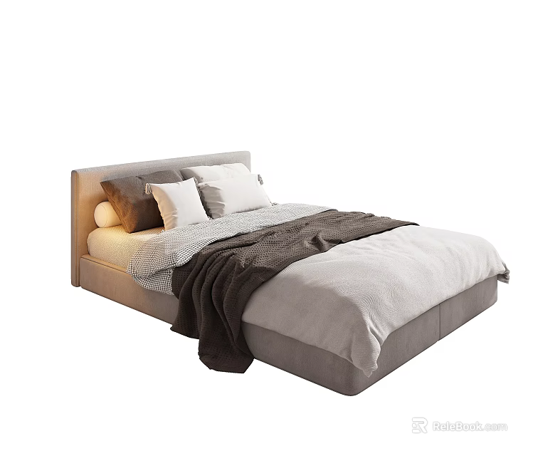 Minimalist Light Gray Single Bed With Soft Pillows And Cozy Blanket 3d model 