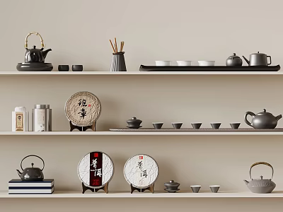 Traditional Teaware Shelf Display With Teapots Teacups And Decorative Plates 3d model