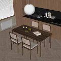 Wooden Dining Table And Chairs With Woven Backrest Light Cushion Fruits Open Book In Kitchen