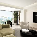 Modern Living and Dining Room Interior With Green Sofa TV Wall Dining Table And Large Window