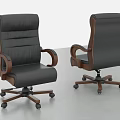 High Back Leather Office Chair With Wooden Armrests And Swivel Wheel Base