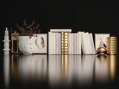 Elegant Decorative Ornament Set with Books Candle Vase and Golden Accents 3d model