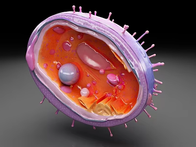 Medical Device 3D Rendered Cell Structure Featuring Purple Membrane Protrusions and Internal Organelles 3d model