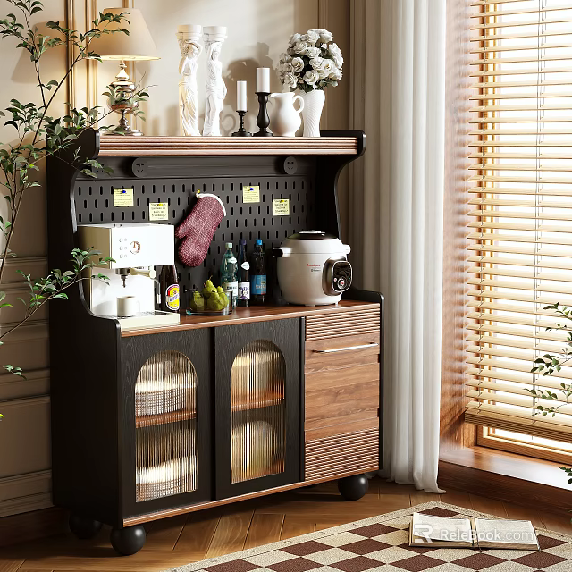 Wooden Sideboard Cabinet With Glass Doors Top Shelf Decorative Items And Kitchen Appliances 3d model 
