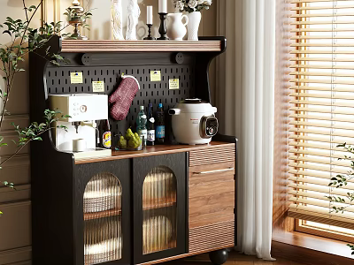 Wooden Sideboard Cabinet With Glass Doors Top Shelf Decorative Items And Kitchen Appliances 3d model