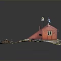 Red Roofed Small House Exterior With Ground Bench And Antenna Features