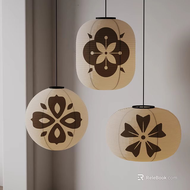 Japanese Lantern Pendant Lights Featuring Floral Patterns In Beige And Brown Tones 3d model 