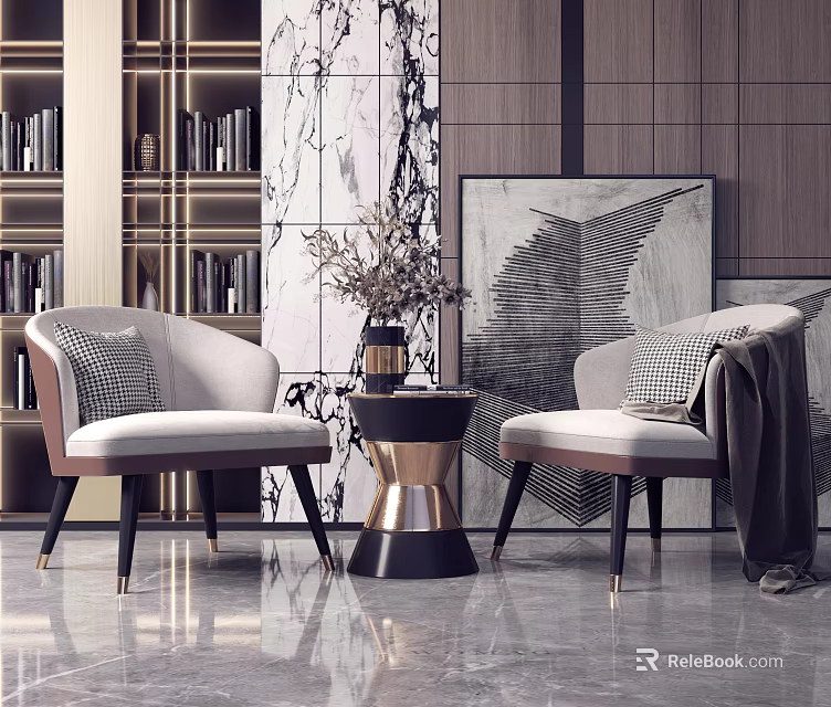 Light Gray Fabric Leisure Sofa Set With Armrests And Matching Side Table Decorative Painting Bookshelf Background 3d model 