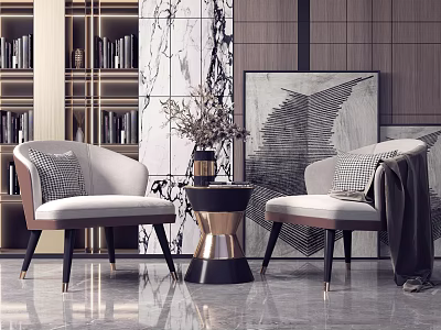 Light Gray Fabric Leisure Sofa Set With Armrests And Matching Side Table Decorative Painting Bookshelf Background 3d model
