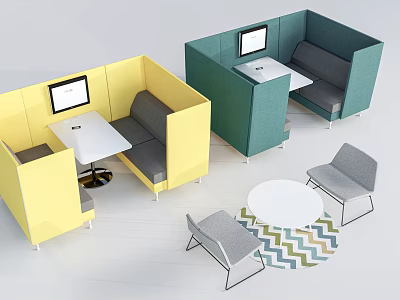 Modern Public Chairs in Yellow Green Booth Design with White Tables and Gray Seats 3d model