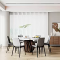 Elegant Restaurant Interior With Dining Table Gray Chairs White Blinds Green Plant And Wall Art