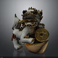 Chinese Ceramic Lion Figurine With Gold Ingot Coin And Ornate Details