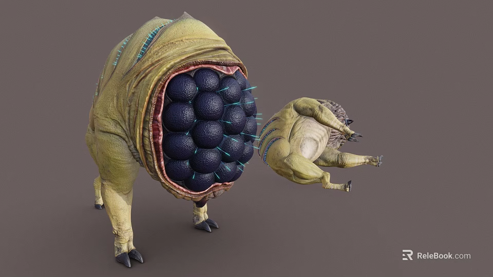 Yellow Green Creature With Open Cavity And Black Spheres Near Smaller Creature 3d model 