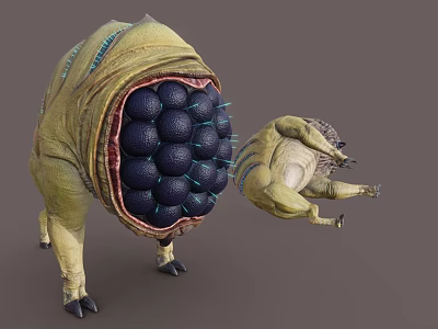 Yellow Green Creature With Open Cavity And Black Spheres Near Smaller Creature 3d model