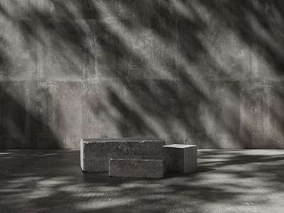 Professional Commercial Equipment Display With Stacked Stone Bases Grey Wall And Tree Shadows 3d model