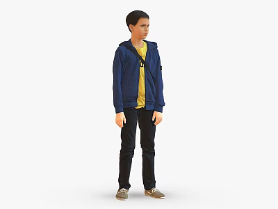 Child Standing In Blue Jacket Yellow T-shirt Black Pants And Gray Shoes 3d model