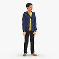 Child Standing In Blue Jacket Yellow T-shirt Black Pants And Gray Shoes