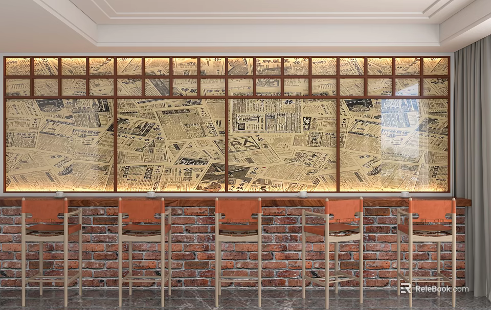 Newspaper Pattern Glass Background Wall with Wooden Frame Red Brick Base and Orange Bar Stools 3d model 
