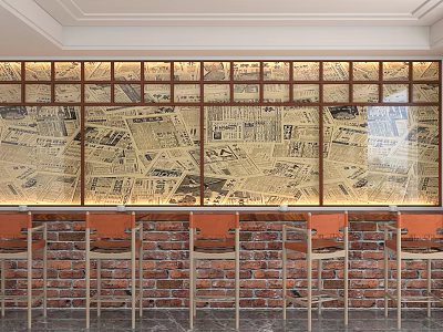 Newspaper Pattern Glass Background Wall with Wooden Frame Red Brick Base and Orange Bar Stools 3d model