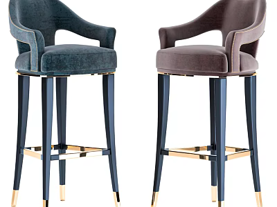 Elegant Modern Velvet Bar Chairs with Armrests Dark Blue Legs and Gold Accents 3d model