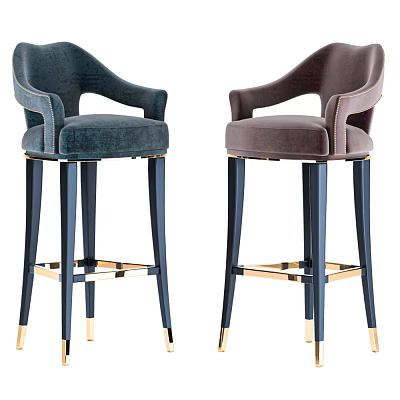 Elegant Modern Velvet Bar Chairs with Armrests Dark Blue Legs and Gold Accents 3d model