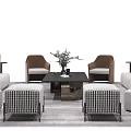 Modern Sofa Coffee Table Combination With Two Armchairs Checkered Ottomans Side Tables And Vase 3d model