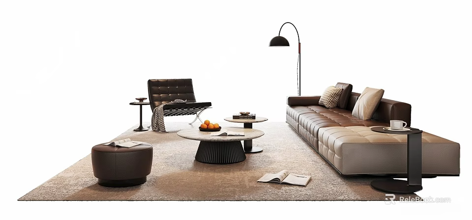 Modern Leather Sofa and Coffee Table Set with Armchair Floor Lamp and Fruits on Rug 3d model 