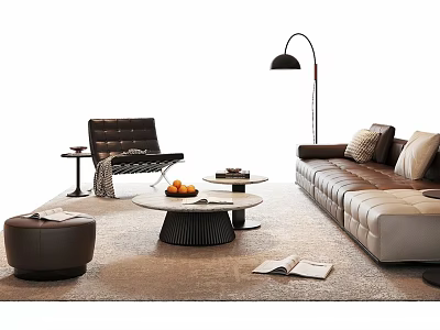 Modern Leather Sofa and Coffee Table Set with Armchair Floor Lamp and Fruits on Rug 3d model