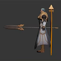 Detailed 3D Fantasy Character With Orange Wings Wearing Robe Holding Weapon Design
