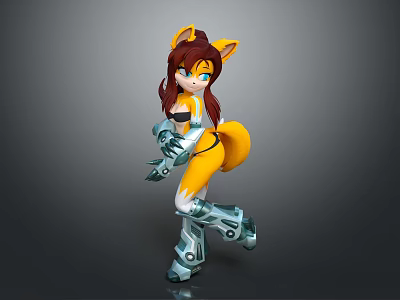 Anthropomorphic Fox Character With Brown Hair Blue Eyes Yellow Ears Tail And Silver Metallic Armor 3d model