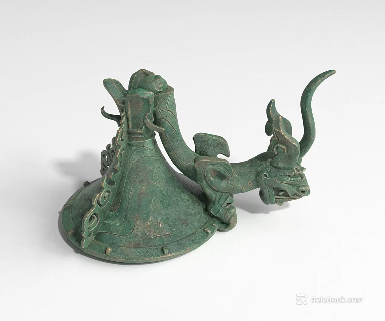 Bronze Dragon Shaped Landscape Sculpture With Curved Horn And Chain Decorations 3d model 