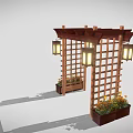 Wooden Garden Pergola With Lattice Sides Top Beams Lantern Lights And Flower Pots