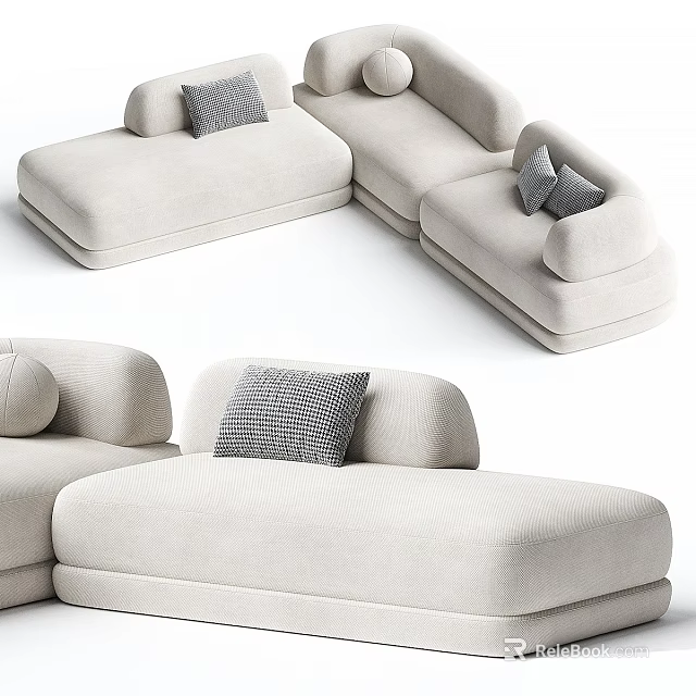 Cream Colored Sectional Sofa With Gray Patterned Cushions Cozy Modern Design 3d model 